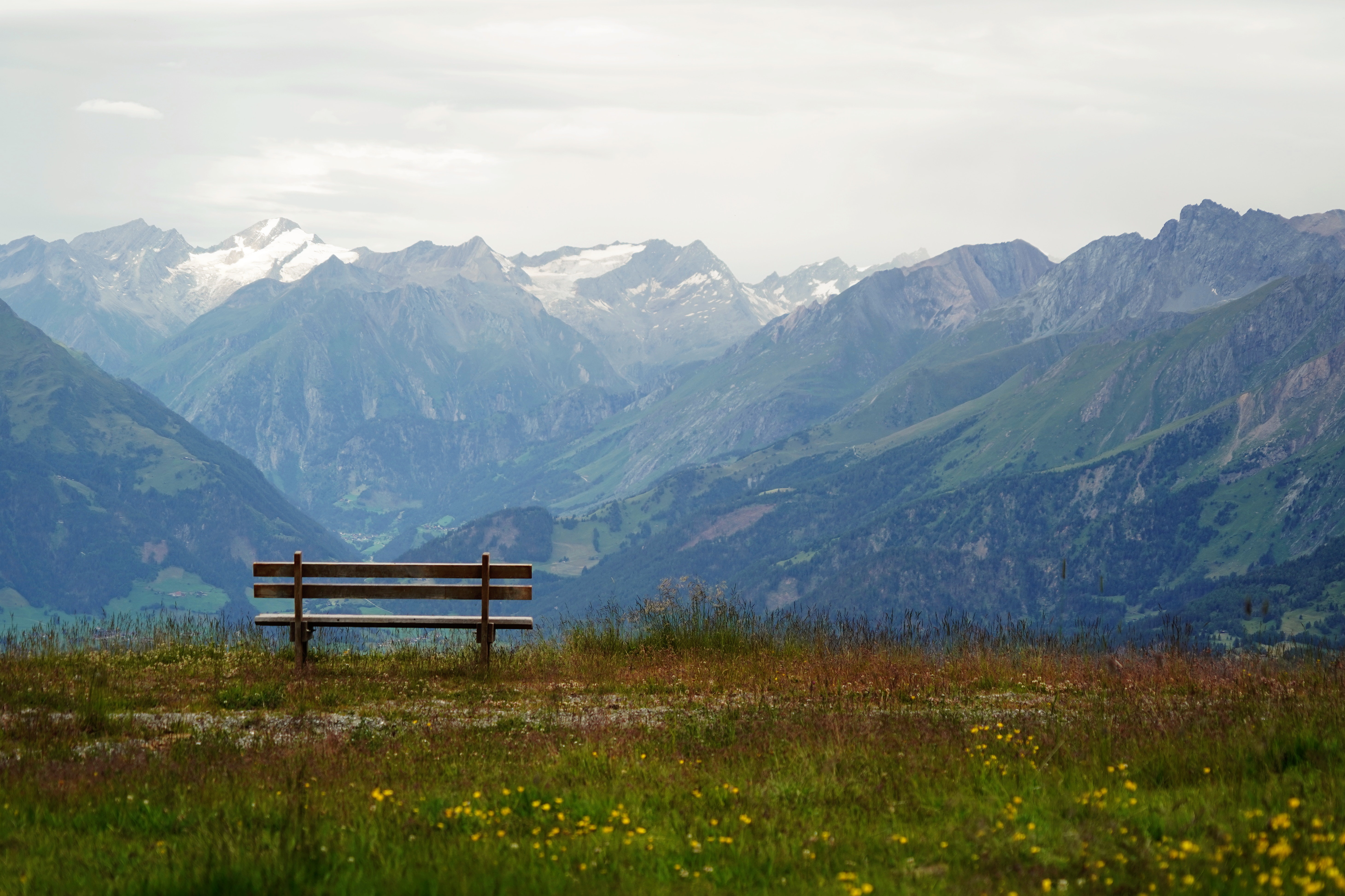 Bench overlooking mountains